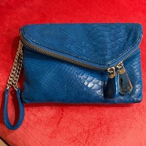 Henri Bendel Blue Snake-Embossed Clutch with Chain